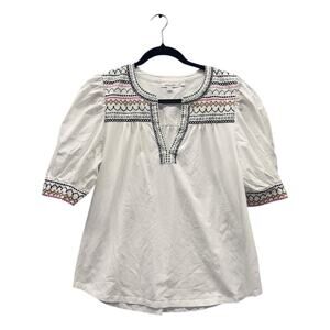 Chico's White Embroidered Peasant Blouse with Black & Pink Accents